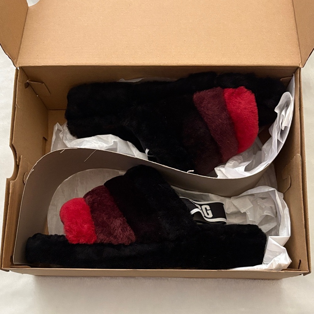 UGG Black and Red Fur Slippers